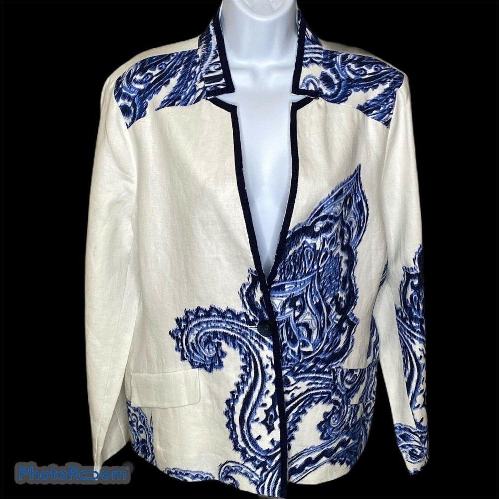 Chicos Linen Paisley White Blue Jacket Lined